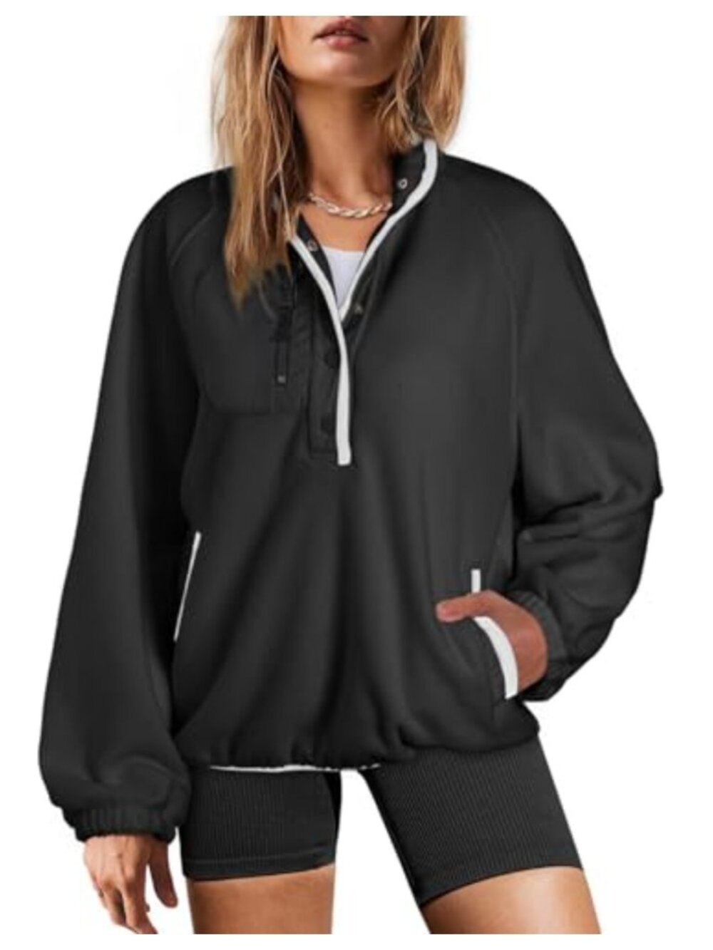 Oversized Fuzzy Fleece Sweatshirt Button V-Neck Pullover
